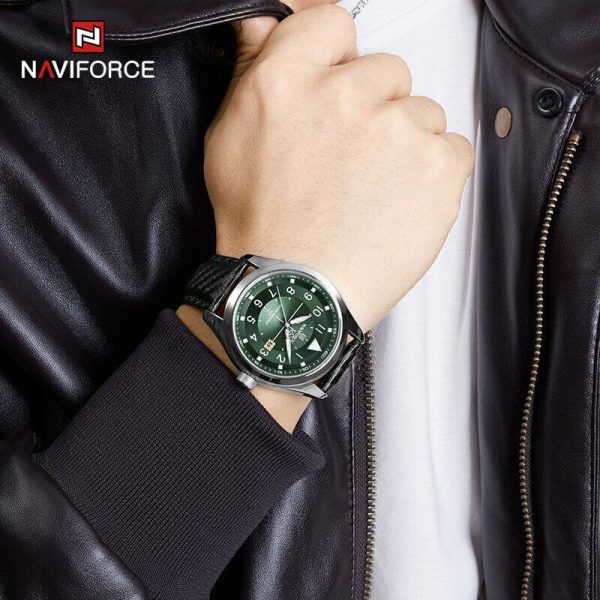 NaviForce NF8022 Men's Date Function Casual Leather Strap With Luminous Quartz Watch - Green/Black - Image 2