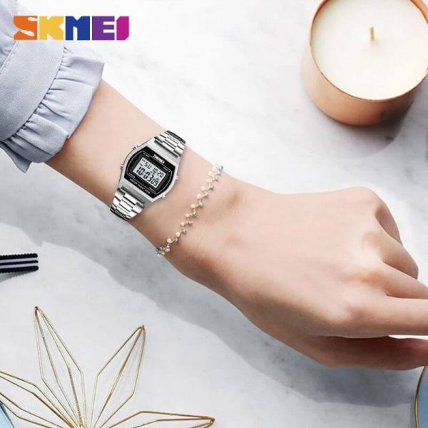 SKMEI 1328 Fashion Classic Unisex Count Down Waterproof Stainless Steel Digital LCD Alarm Clock Hours Watch - Silver - Image 2