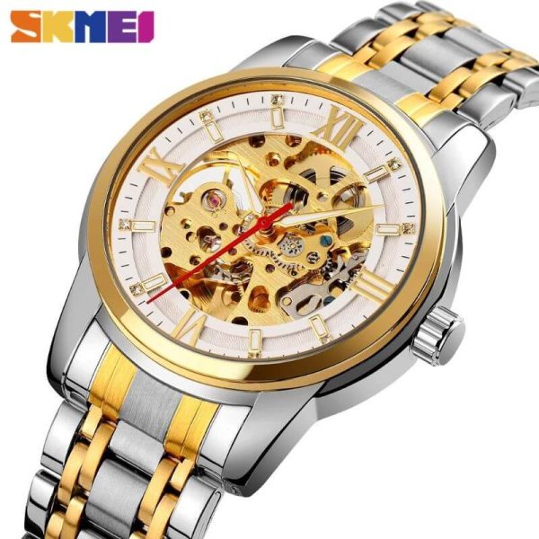 SKMEI 9222 Men's Business Skeleton Hollow Mechanical Automatic Stainless Steel Wristwatch - Silver/Golden