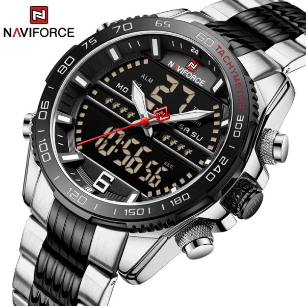 NAVIFORCE NF9195 Men's Dual Display Stainless Steel Day Date Watch - Black/Silver