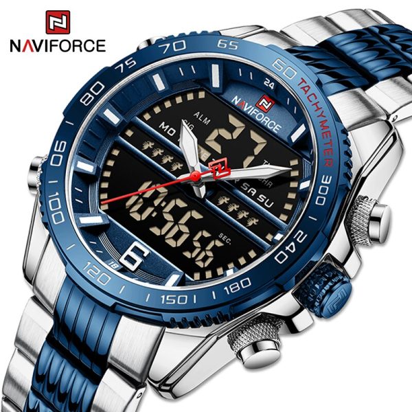 NAVIFORCE NF9195 Men's Dual Display Stainless Steel Day Date Watch - Blue/Silver