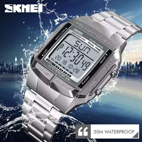 SKMEI 1381 Luxury Electronic LED Digital Military Multifunction Stainless Steel Watch For Men - Silver - Image 3