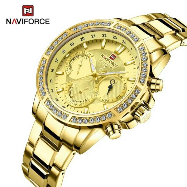 NAVIFORCE NF9196 Men's Quartz Stainless Steel Diamond Chronograph Complete Calendar Wristwatch  - Golden