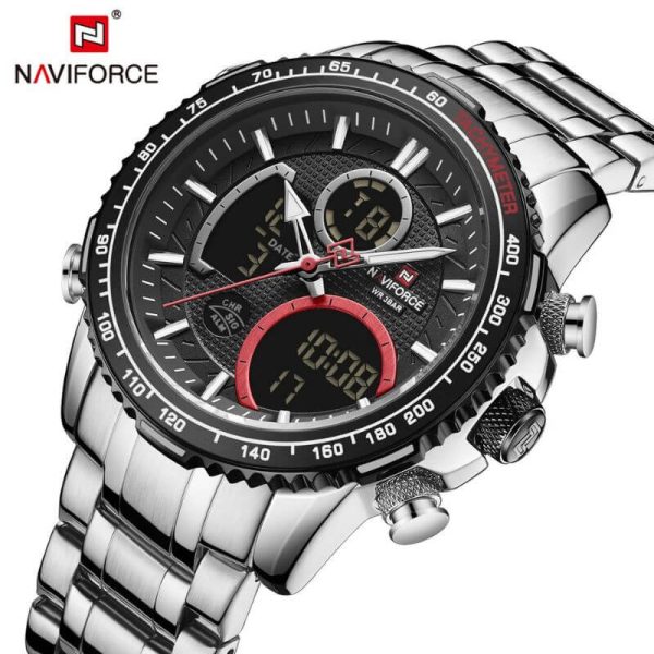 NAVIFORCE NF9182 Multi-Function Digital/Analog Casual Steel Watch For Men - Silver/Red