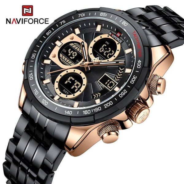 NAVIFORCE NF9197  Men's Business Stainless Steel Day Date Function Analog Digital Wristwatch - Rosegold/Black