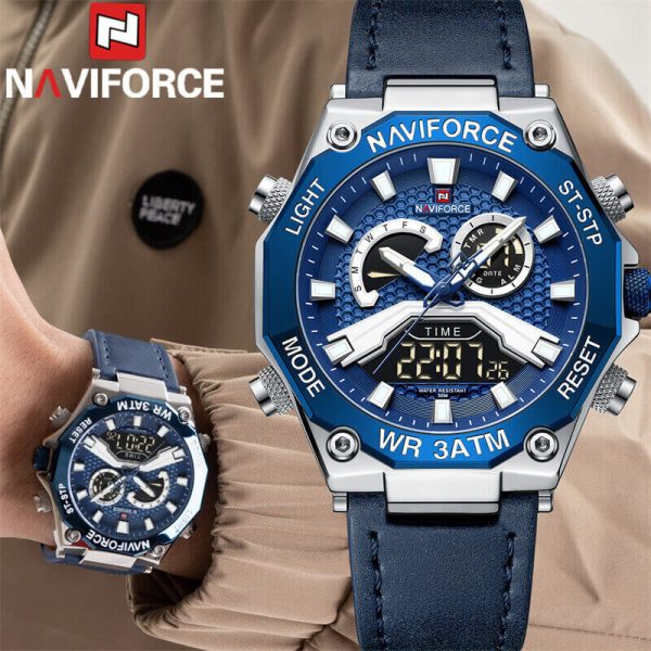 NAVIFORCE NF9220 Fashion Dual Display LED Light Chronograph Leather Strap Watch For Men -  Blue - Image 3