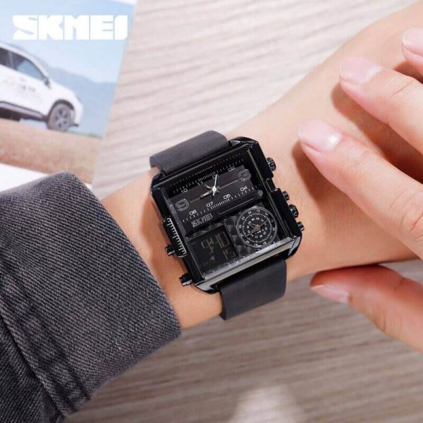 SKMEI 1584 Men's Multifunction Square Dial Digital Analog LED Chronograph Leather Strap Wristwatch - Black - Image 2