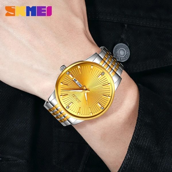 SKMEI 9323 Men's Texture With Fashion Day Date Display Quartz Stainless Steel Watch - Golden/Silver - Image 2