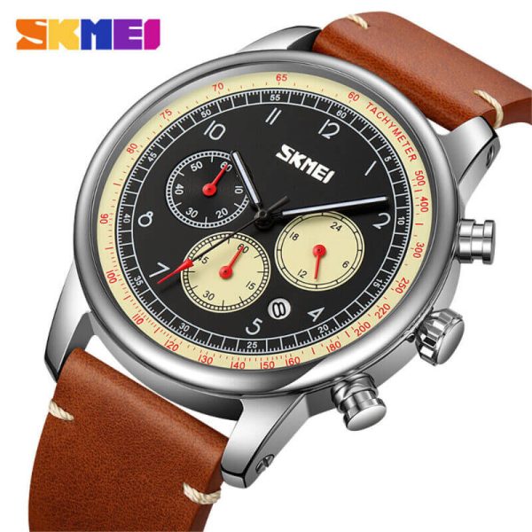 SKMEI 9318 Men's Casual Multifunction Tachymeter Leather Strap Luminous Watch - Yellow/Brown