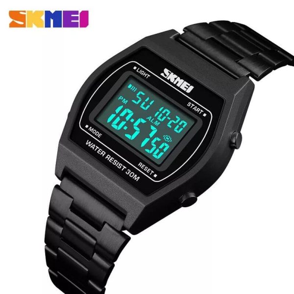 SKMEI 1328 Fashion Classic Unisex Count Down Waterproof Stainless Steel Digital LCD Alarm Clock Hours Watch - Black