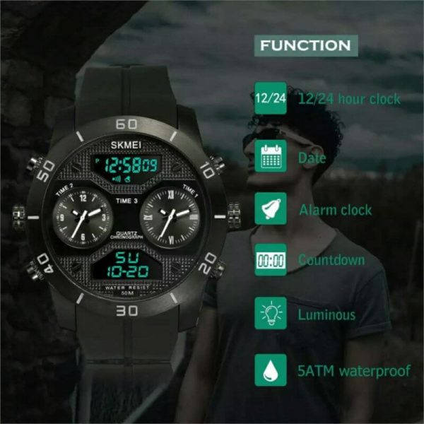 SKMEI 1355  Men's Chronograph Multifunction 3Time Display Analog Digital PU Strap Watch - Black - Image 2