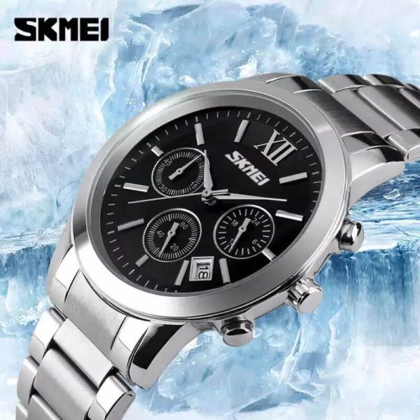 SKMEI 9097 Business Chronograph Stopwatch Date Display Stainless Steel Quartz Wristwatch For Men - Black/Silver