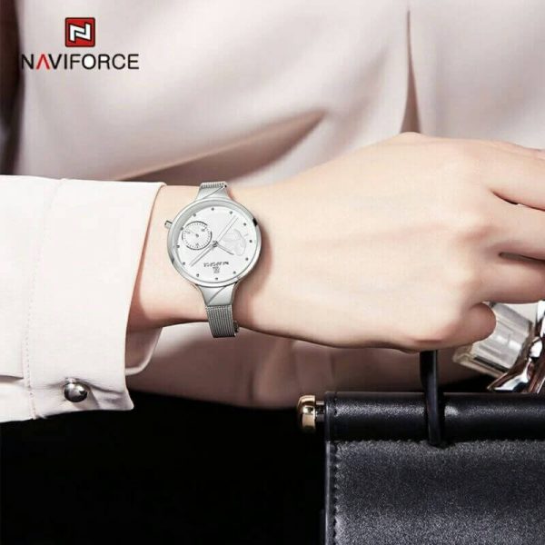 NAVIFORCE NF5001 Stainless Steel Mesh Date Function Luxury Watch for Women – Silver - Image 2