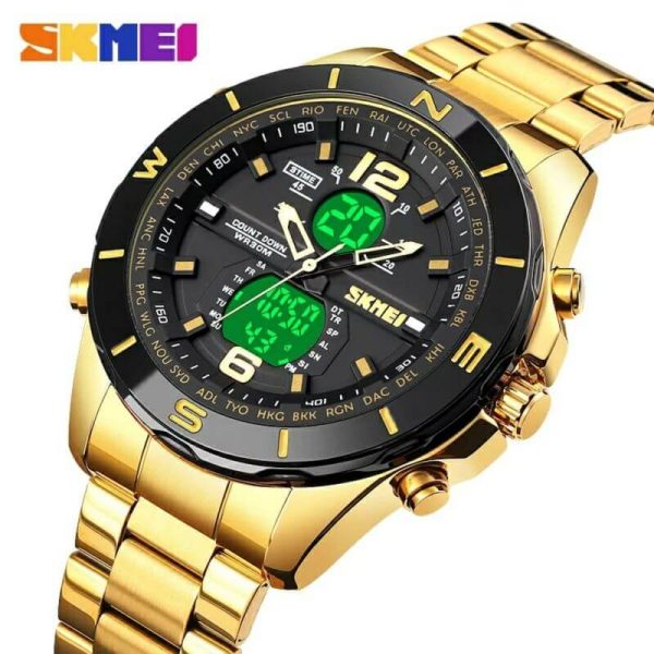 SKMEI 1670 Men's Double Movement Chronograph Waterproof Stainless Steel Multifunction Watch - Golden