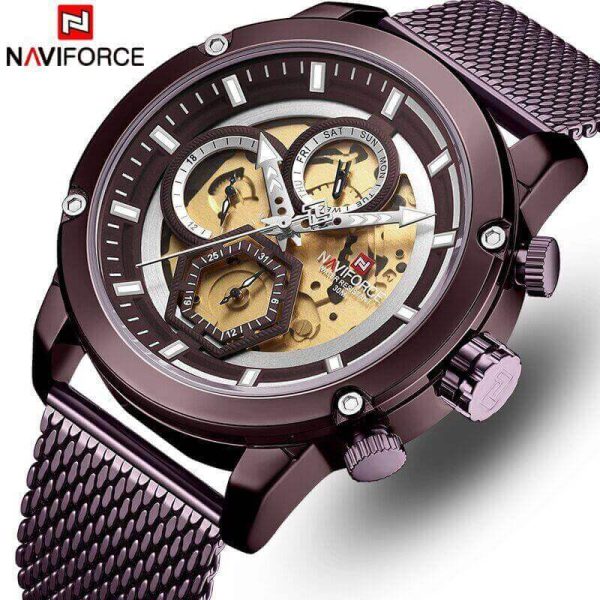 NaviForce NF9167 Luxuruy Chronograph Quartz Watch with Leather Strap - Coffee