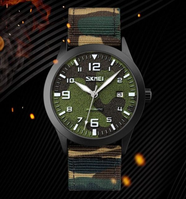 SKMEI 9246 Men's Automatic Mechanical Hollow Dial Luminous Nylon Strap Date Display Watch - Camouflage Green - Image 4