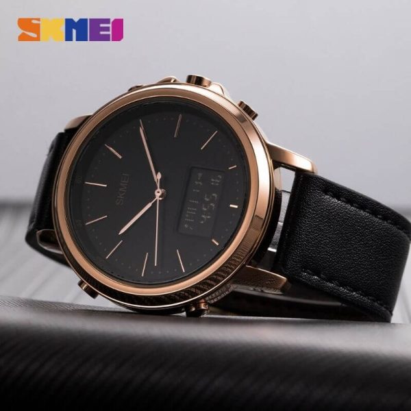 Skmei 1652 Men's Casual Dual Movement LED Light Display Leather Strap Wristwatch - Black/RoseGold - Image 4