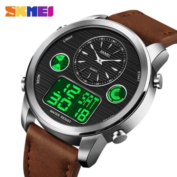 SKMEI 1653 Men's World Time Dual Display Movement LED Electronic Multifunction Leather Strap Watch - Brown/Silver