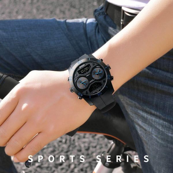 SKMEI 1355  Men's Chronograph Multifunction 3Time Display Analog Digital PU Strap Watch - Black/Blue - Image 2