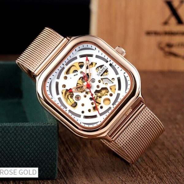 Skmei 9184 Men's Automatic Mechanical Square Dial Fashion Stainless Steel Mesh Watch - White/Rosegold - Image 2