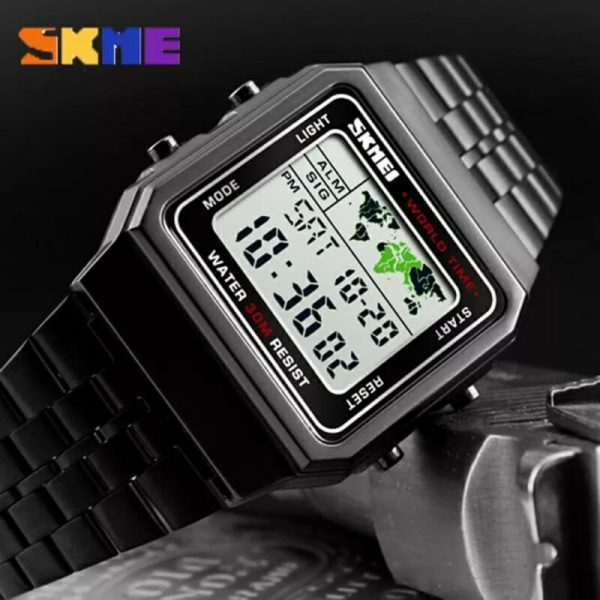 SKMEI 1338 Men's Stainless Steel Countdown Time Zone Waterproof LED Electronic Digital Watch - Black - Image 3