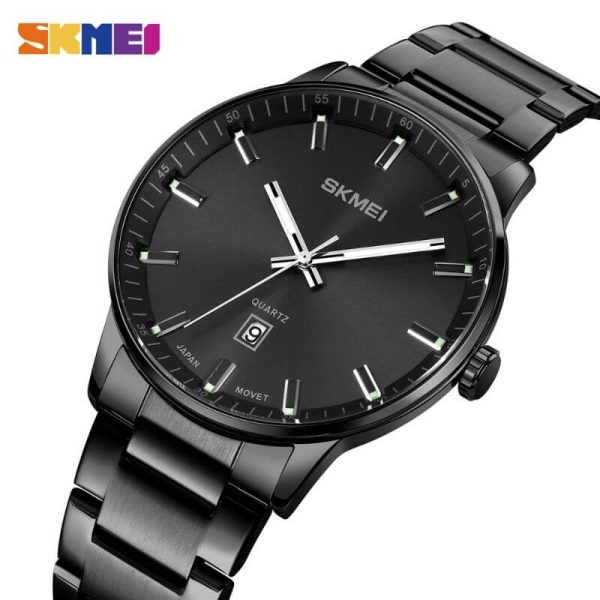 SKMEI 1878 Casual Date Display Stainless Steel Quartz Wristwatch For Men - Black