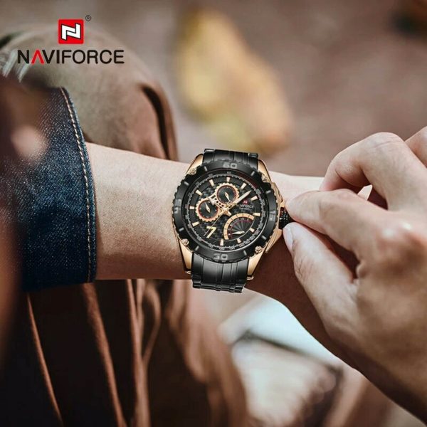 Naviforce NF9183 Stainless Steel Quartz Chronograph Wrist Watch For Men - Black/Rosegold - Image 2