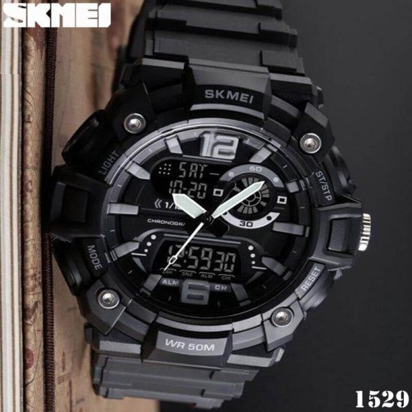 SKMEI 1529 Men's Sports LED Light Chronograph Dual Display 3 Time Multi-Function Watch - Black - Image 3