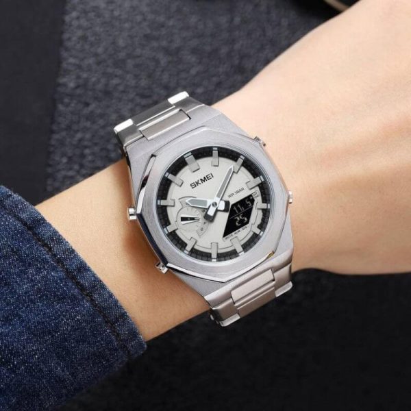 SKMEI 1816 Men's Electronic Dual Display Stainless Steel Multifunction Luminous Watch - Silver - Image 2