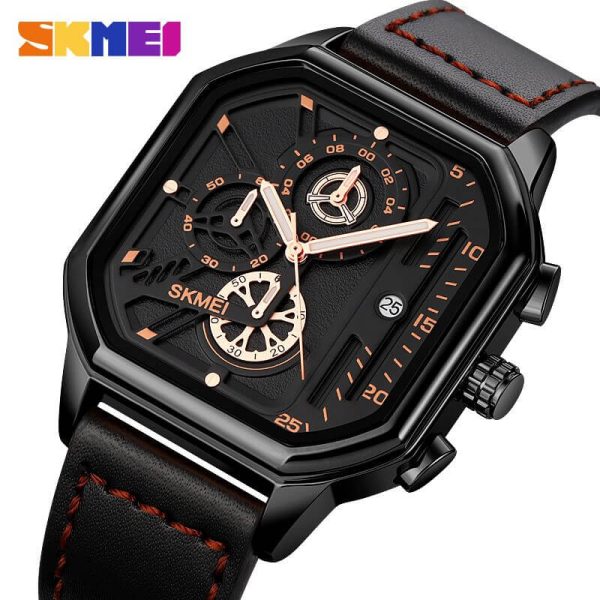 SKMEI 1963 Men's Fashion Multifunction Chronograph Square Dial Date Display Leather Strap Watch - Black