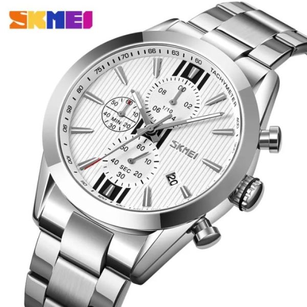 SKMEI 9302 Business Chronograph Date Display Stainless Steel Watch For Men - Silver