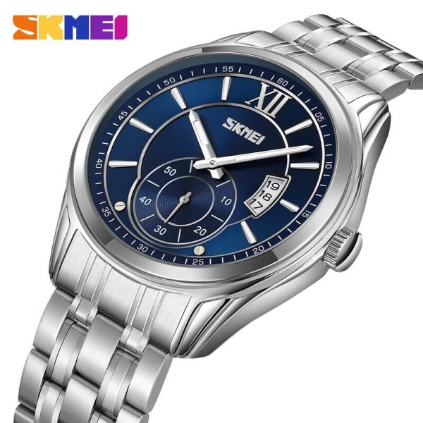 SKMEI 9319 Men's Business Elegant Casual Lumnious Date Display Stainless Steel Analog Watch -Silver/Blue