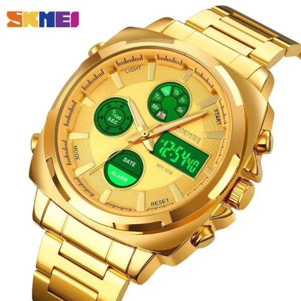 Skmei 1673 Business Dual Display Stainless Steel Multifunction Fashion LED Light Watch For Men - Golden