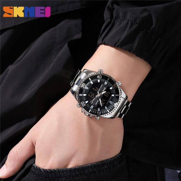 SKMEI 1850 Multifunction 3Time Analog Digital Stainless Steel watch For Men - Black - Image 2