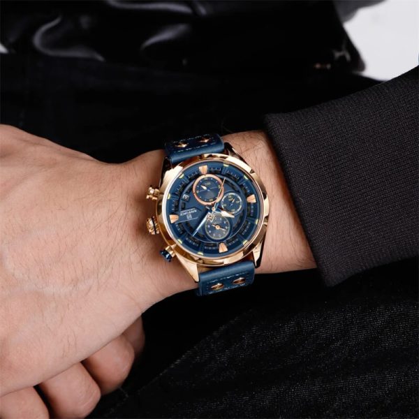 NaviForce NF8045 Men's Chronograph Date Dispaly Leather Strap Luminious Casual Watch - Blue/Rosegold - Image 2