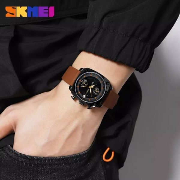 SKMEI 1903 Retro Personality Fashion Rhinestone Chronograph Leather Strap Watch For Men - Brown - Image 2