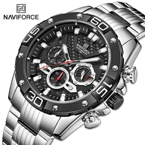 NAVIFORCE NF8019 Men's Stainless Steel Multifunction Luminous Chronograph Quartz Watch  - Black/Silver