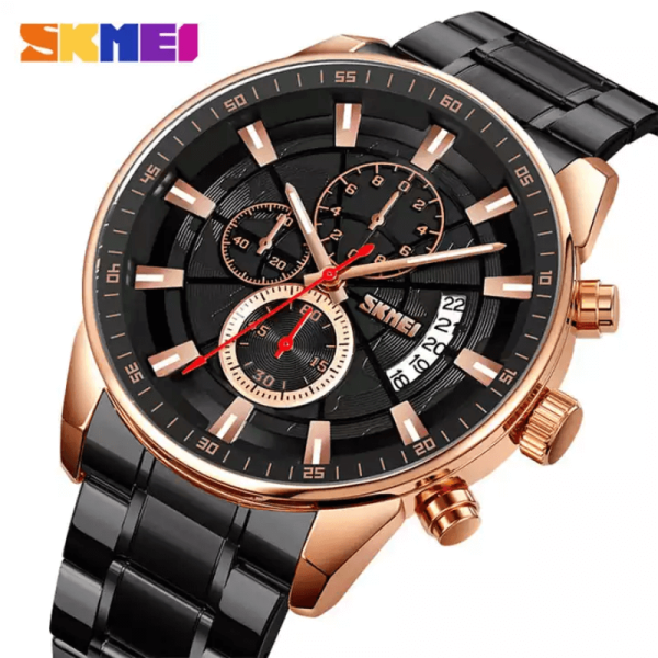 SKMEI 9285 Men's Business Multifunction Date Display Chronograph Stainless Steel Watch - Black/RoseGold