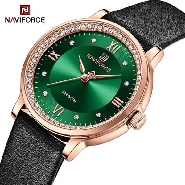 Naviforce NF5036 Classic Rhinestone Surrounded Leather Strap Roman Numeral Watch For Women - Green/Black