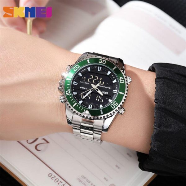 SKMEI 1850 Multifunction 3Time Analog Digital Stainless Steel watch For Men - Green/Silver - Image 2