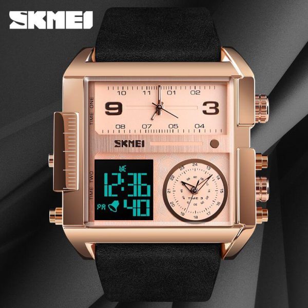 SKMEI 1584 Men's Multifunction Square Dial Digital Analog LED Chronograph Leather Strap Wristwatch - RoseGold/Black - Image 2