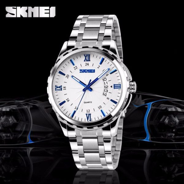 SKMEI 9069 Business Quartz Stainless Steel Roman Numeral Index Date Display Watch For Men - Silver/Blue - Image 4