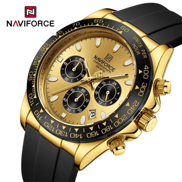 NaviForce NF8054 Luxury Fashion Chronograph Date Display Silicon Strap Watch For Men -Golden/ Black