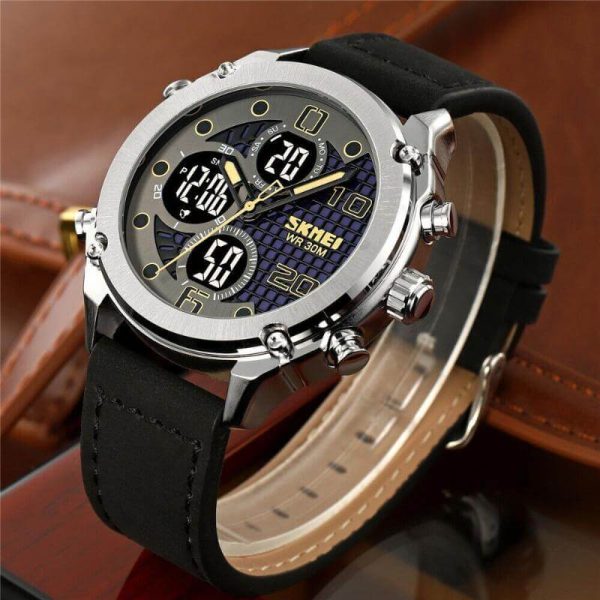 SKMEI 1975 Fashion 3 Time Dual Movement Multifunction LED Light Sport Leather Strap Watch -  Silver/Black - Image 2