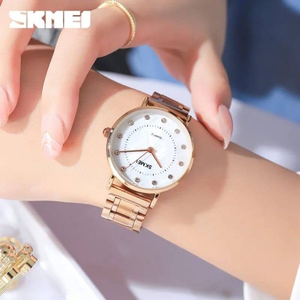 SKMEI 1840 Simple Elegant Rhinestone Round Dial Quartz Stainless Steel Watch For Women-RoseGold - Image 5