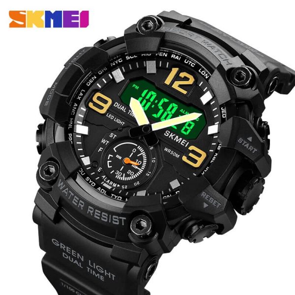 SKMEI 1965 Men's Military 3 Time Chrono Waterproof LED Dual Display Sport Watch - Black