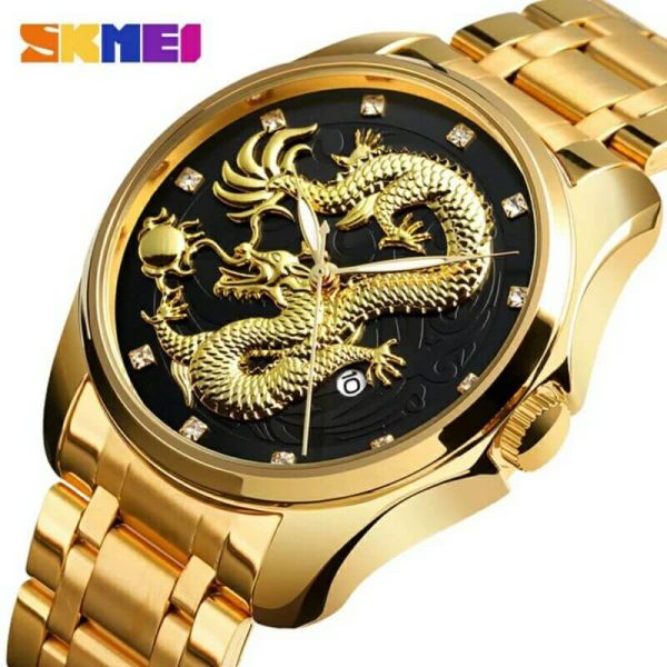 SKMEI 9193 Dragon Quartz Luxury Stainless Steel Alloy Business Waterproof Wristwatches For Men - Black/Golden