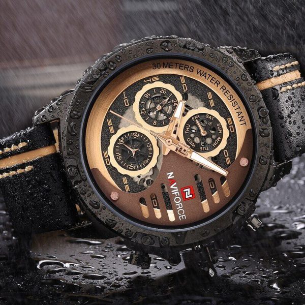 NAVIFORCE NF9110 Luxury Chronograph Analog Quartz Leather Casual Watch For Men - Golden/Black - Image 3