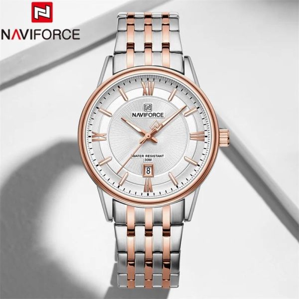 NaviForce NF8040 Classic Luxury Quartz Date Display Stainless Steel Watch For Men - White/Rosegold - Image 2