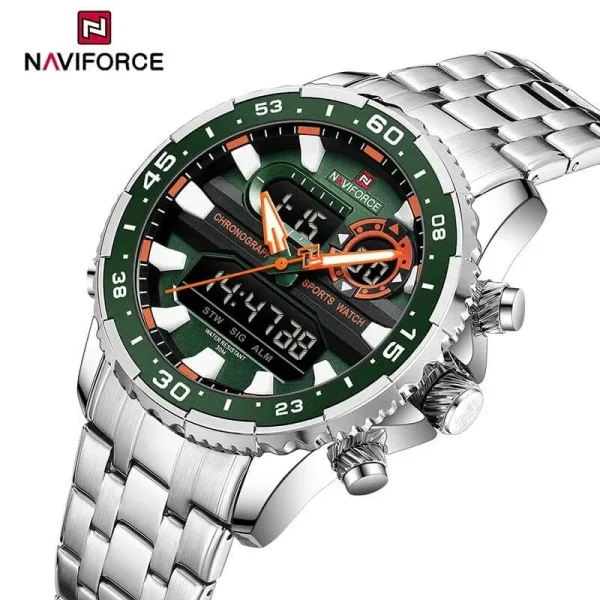 NaviForce NF9234 Multifunction Dual Display Complete Calendar Stainless Steel Watch For Men - Green/Silver